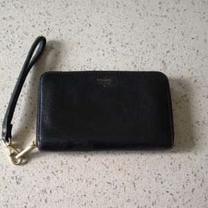 Fossil Black Leather Zip-Around Wristlet with Gold Hardware